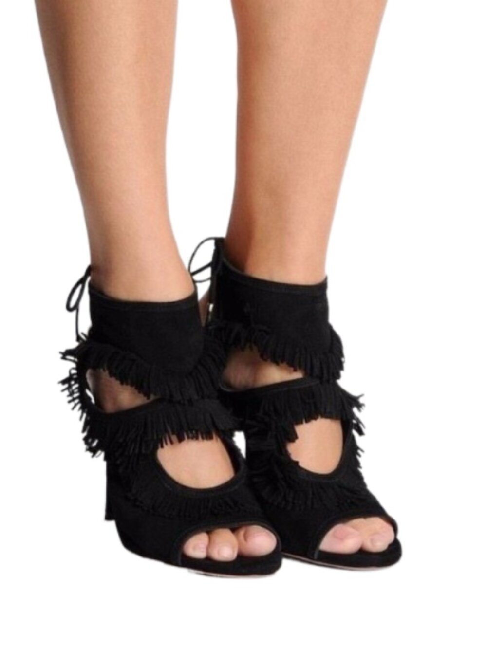 Aquazzura Sexy Tiered Fringe Black Suede Cutout Sandals Size 36 (US Size 6)